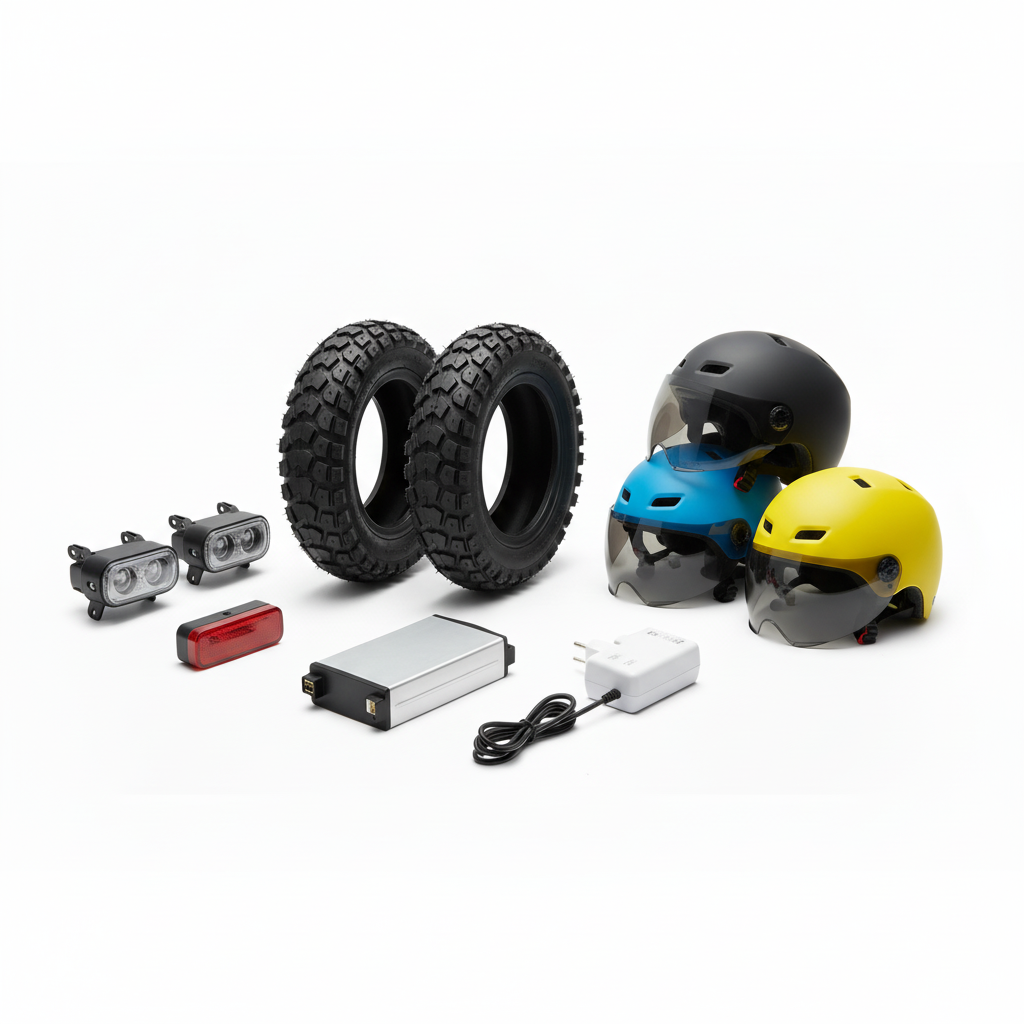electric scooter parts: tires, lights, helmets, battery, charger